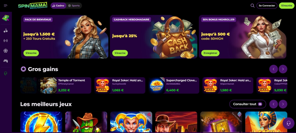 SpinMama est un casino dynamique, fun et très mobile-friendly, idéal pour les joueurs belges